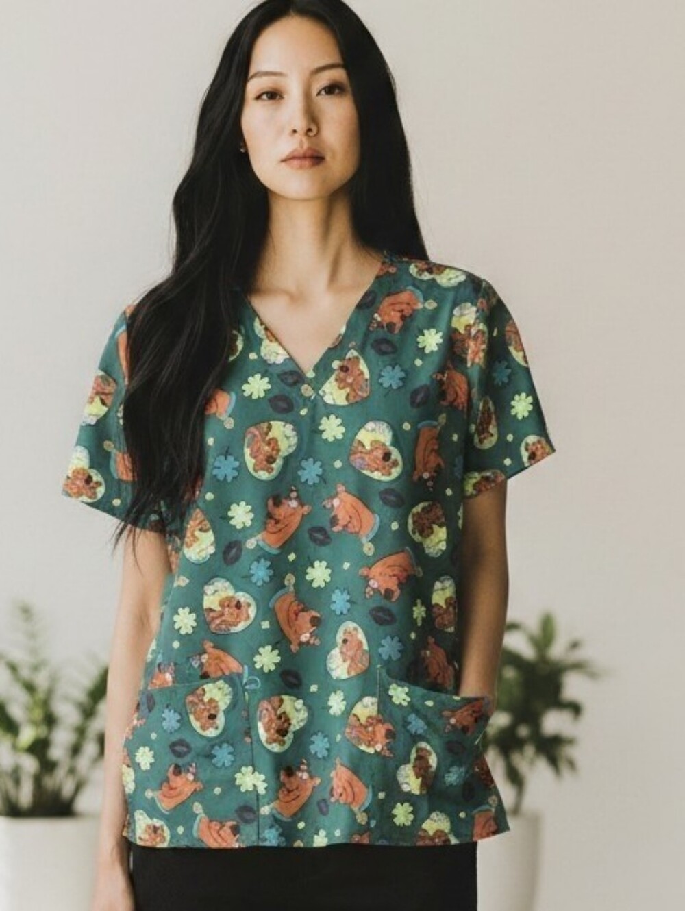 Scooby Doo  Character V-Neck Short Sleeve Top with Pockets